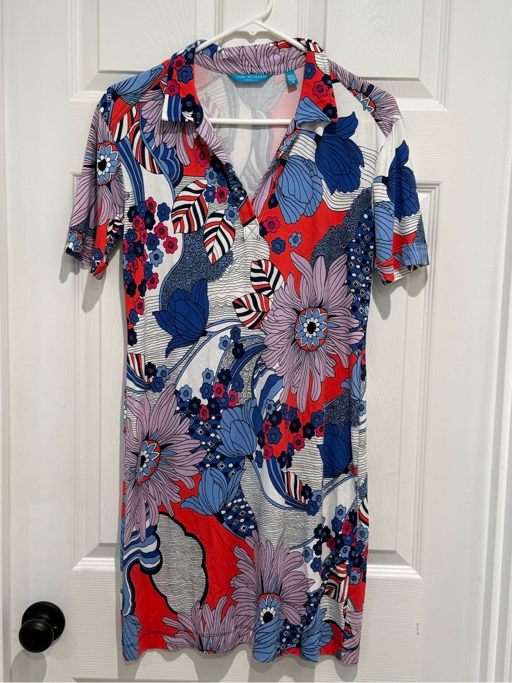 Tori Richard Floral Collared Midi Dress - Red / Blue / Purple